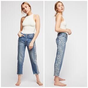 NWT Free People Aztec Print Jeans Medium Wash High Rise Ankle Frayed Women's 27